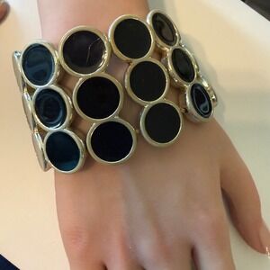 Vintage Black Resin Circle Dots Modernist Stretch Bracelet Wide Statement 80s